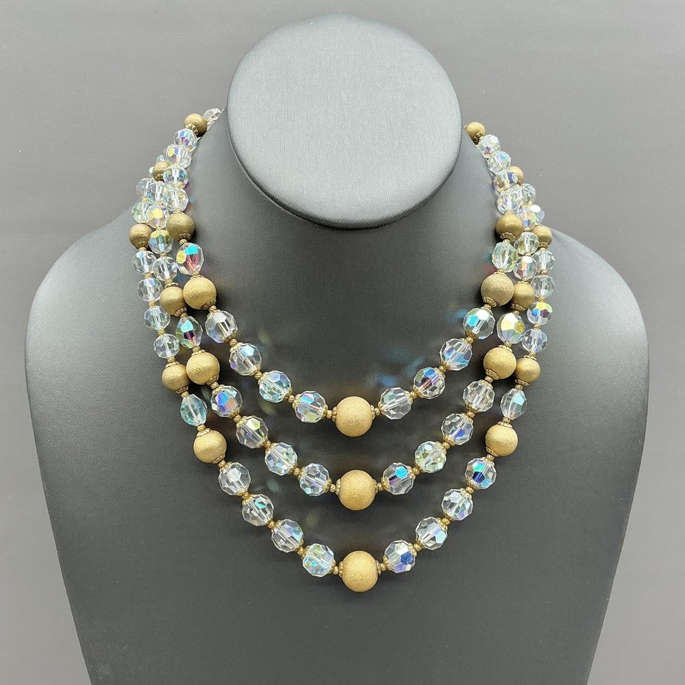 Vintage Hattie Carnegie Necklace Crystal Gold Tone 3 Strand 16 Inch Signed